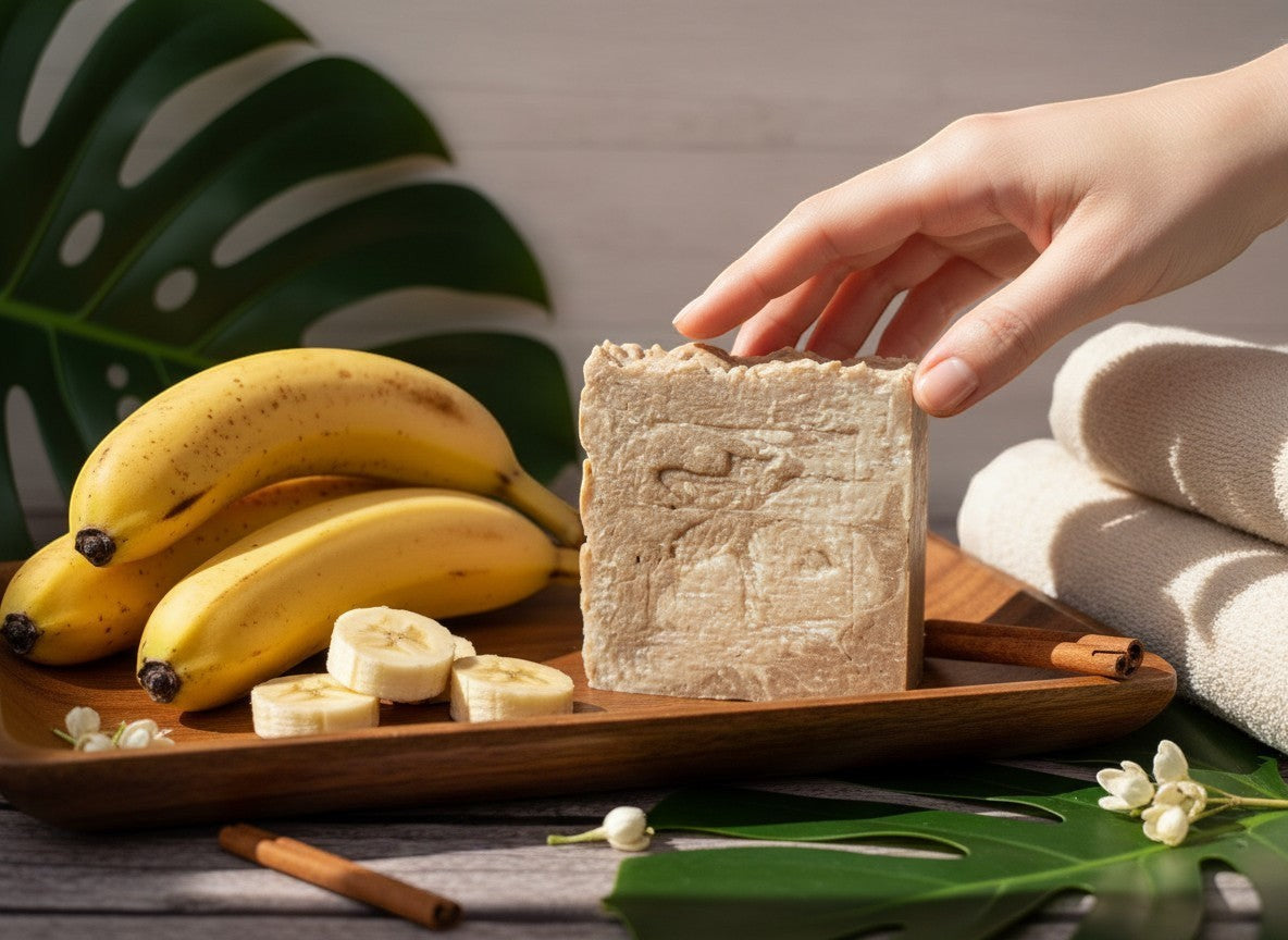 Monimar Kreations Banana Bliss Bar, a handcrafted soap with creamy beige and white swirls, inspired by banana pudding.