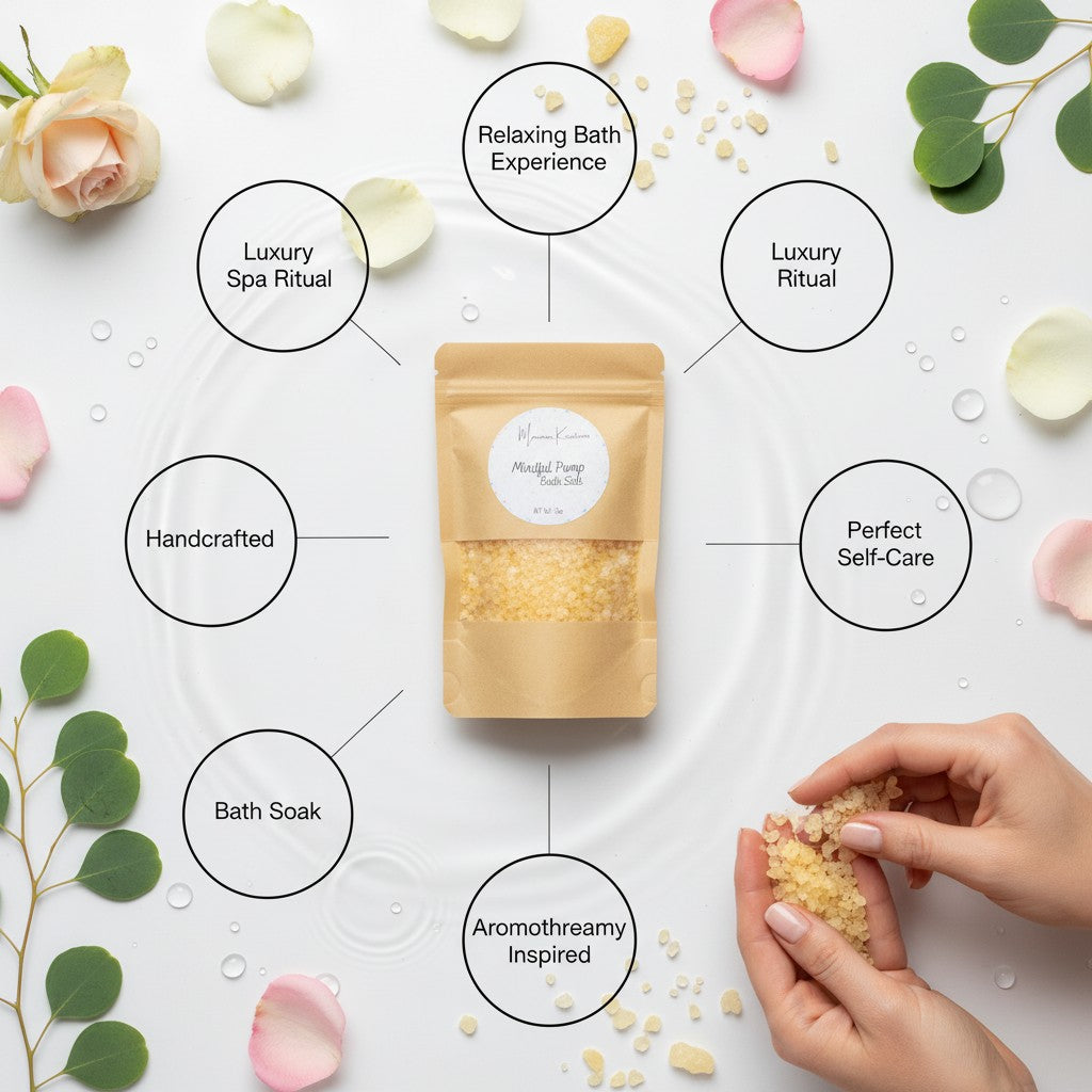 Monimar Kreations Mindful Pump Bath Salt in a tan pouch with a clear window showing yellow bath salts. Net Wt. 7oz.