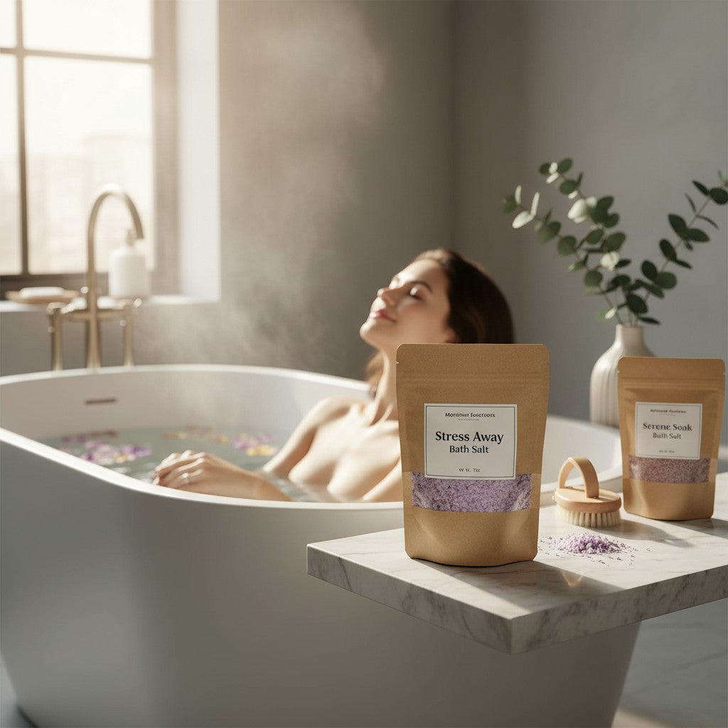 Monimar Kreations bath salts in three varieties: Serene Soak (greenish-white), Mindful Pump (orange), and Stress Away (purple).