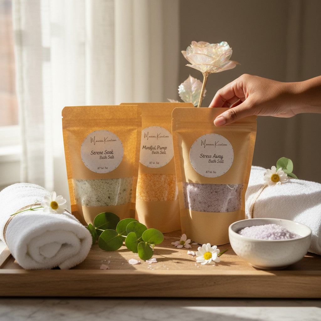Monimar Kreations bath salts in Serene Soak (greenish-white), Mindful Pump (yellow), and Stress Away (purple) scents. 7oz bags.