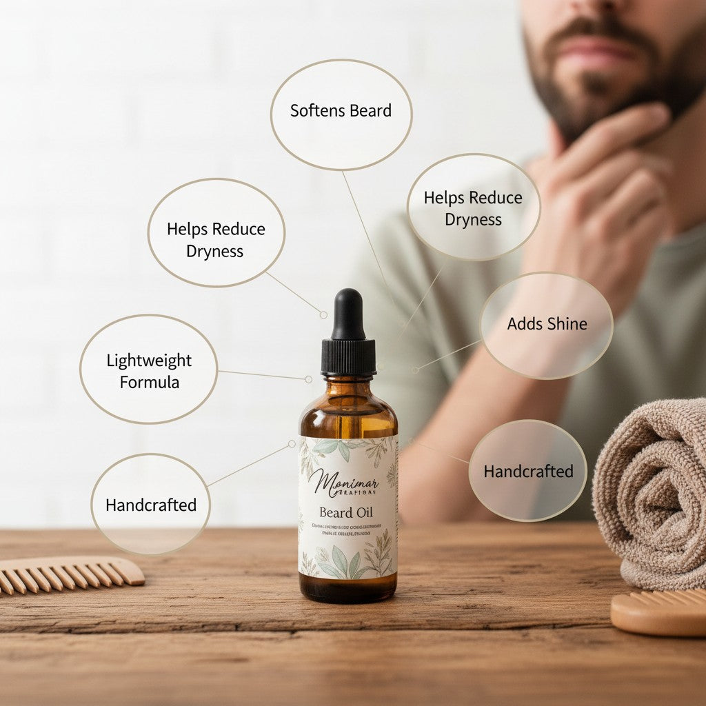 monimarkreations Men's Beard Conditioning Oil in amber bottle with dropper, natural oils, sophisticated scent.
