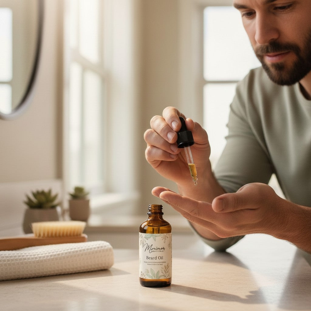 Monimar Kreations men's beard oil in amber bottle with dropper, natural oils for hydration and styling.