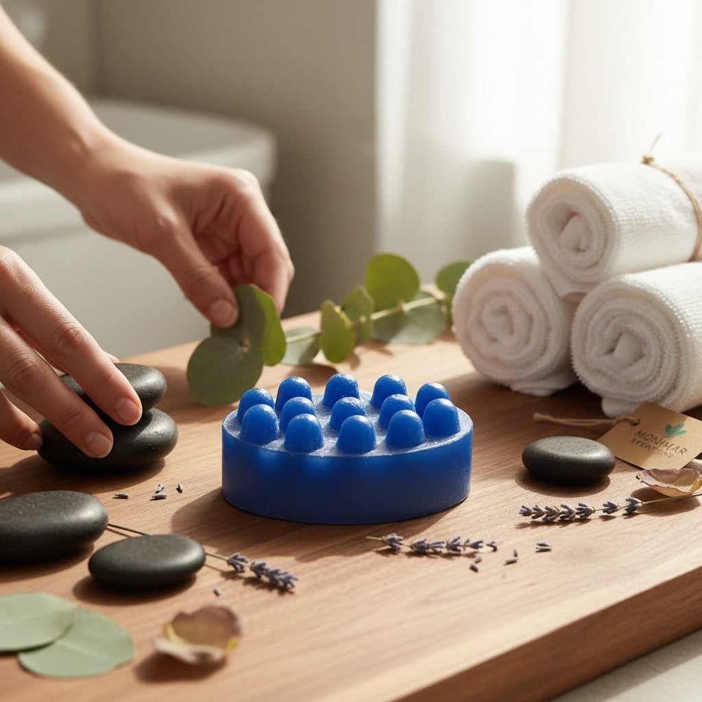 Monimar Kreations blue textured massage soap bar with glycerin for gentle cleansing and rich lather.