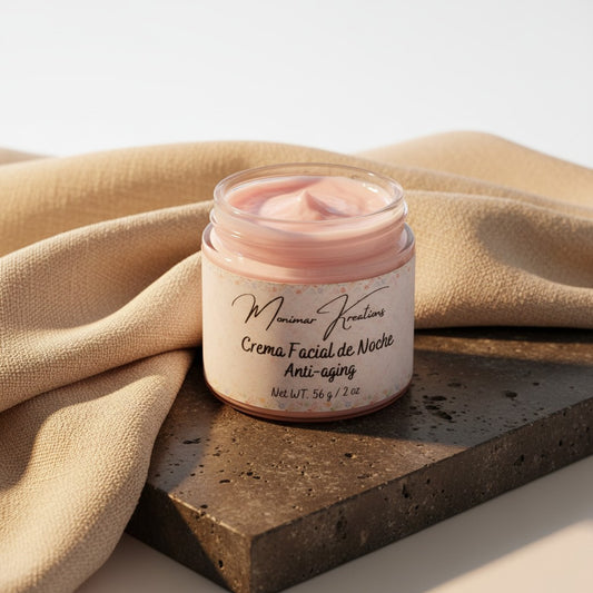 Monimar Kreations Brightening Night Cream in a jar with a black lid, pink cream, and floral label.