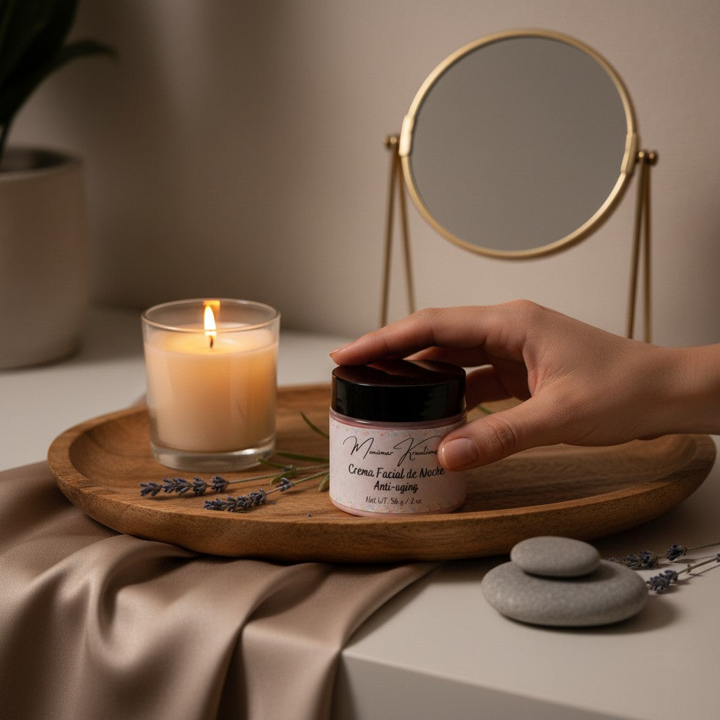 Monimar Kreations Brightening Night Cream in a glass jar with a black lid, pink cream inside, on a white fluffy surface.