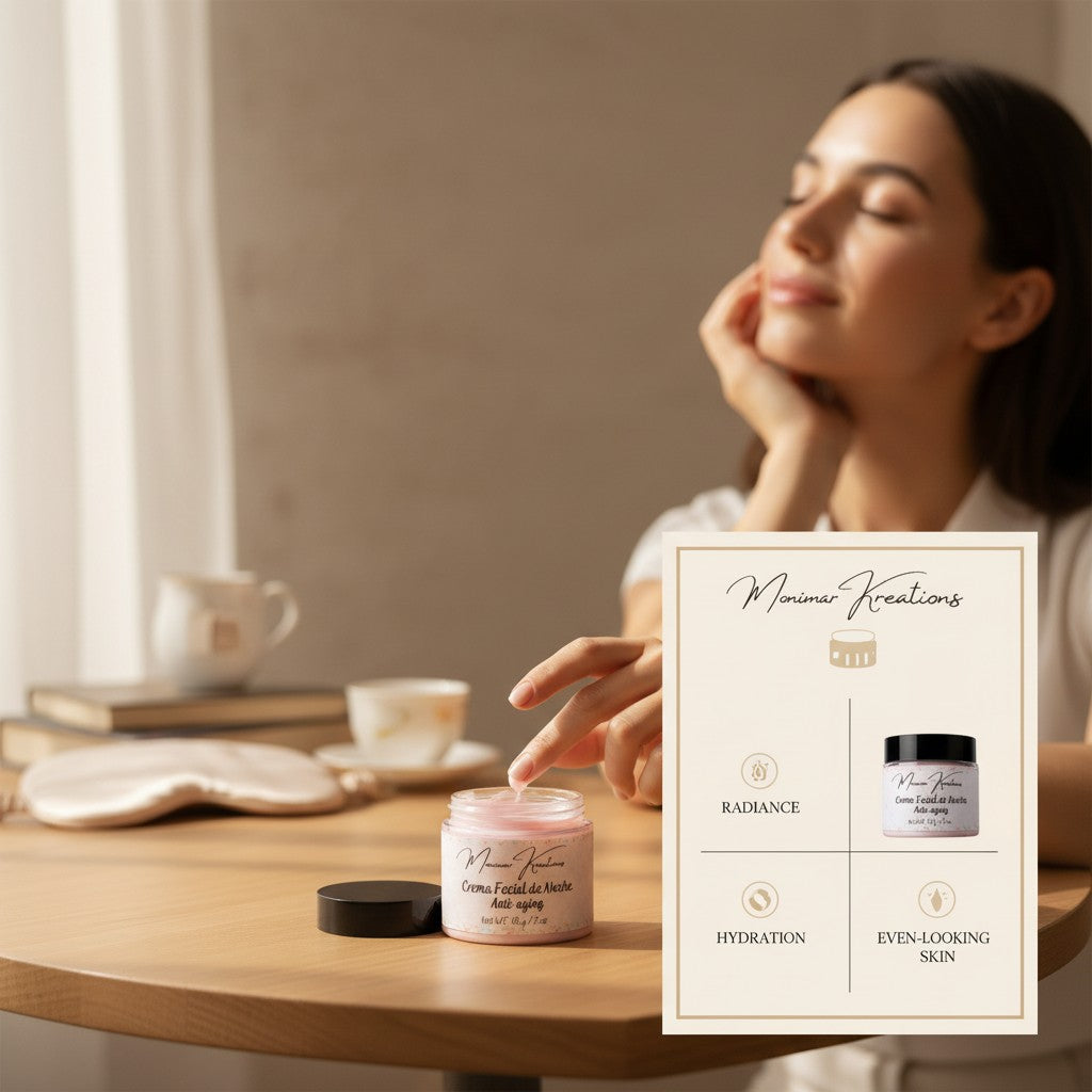 Monimar Kreations Brightening Night Cream in a glass jar with a black lid, 2 oz. Pink cream with a light floral pattern on the label.