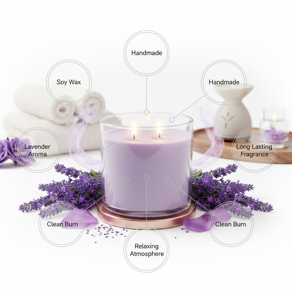 Monimar Kreations CalmBloom 15 oz lavender soy wax candle in a clear glass jar with a rose gold base.