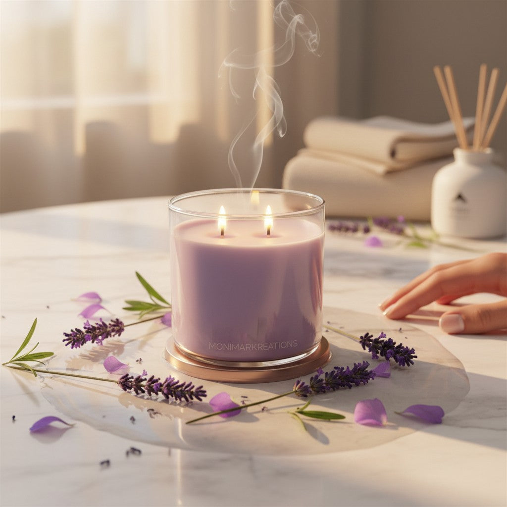 monimarkreations CalmBloom lavender soy candle in a clear glass jar with a rose gold base. 15 oz.