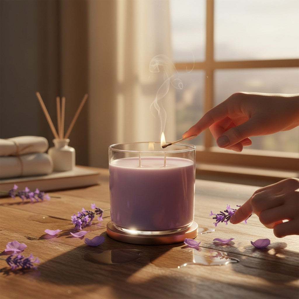 monimarkreations CalmBloom 15 oz lavender soy wax candle in a clear glass jar with a rose gold base.