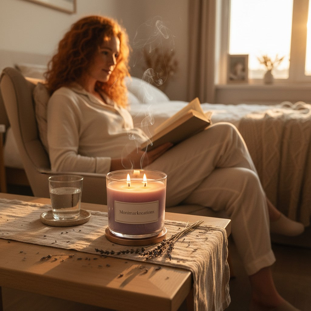 monimarkreations CalmBloom lavender soy wax candle in a clear glass jar with a rose gold base.