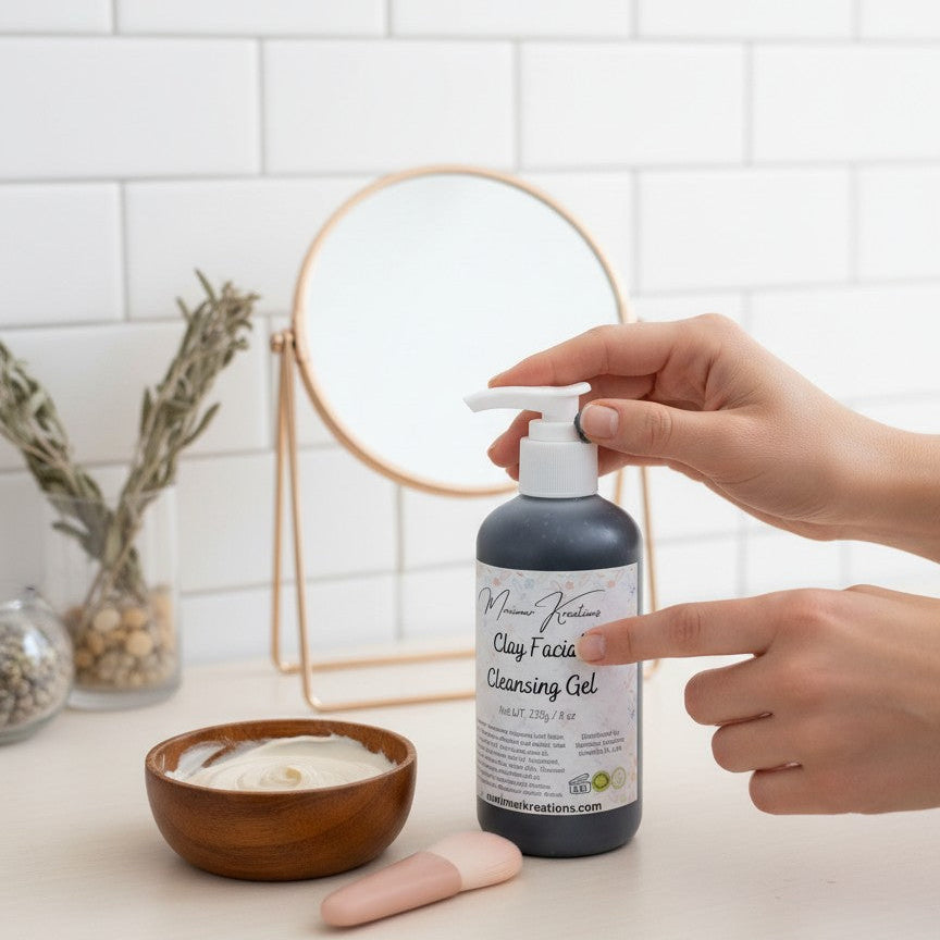 monimarkreations charcoal clay facial cleansing gel in a black pump bottle with a floral label