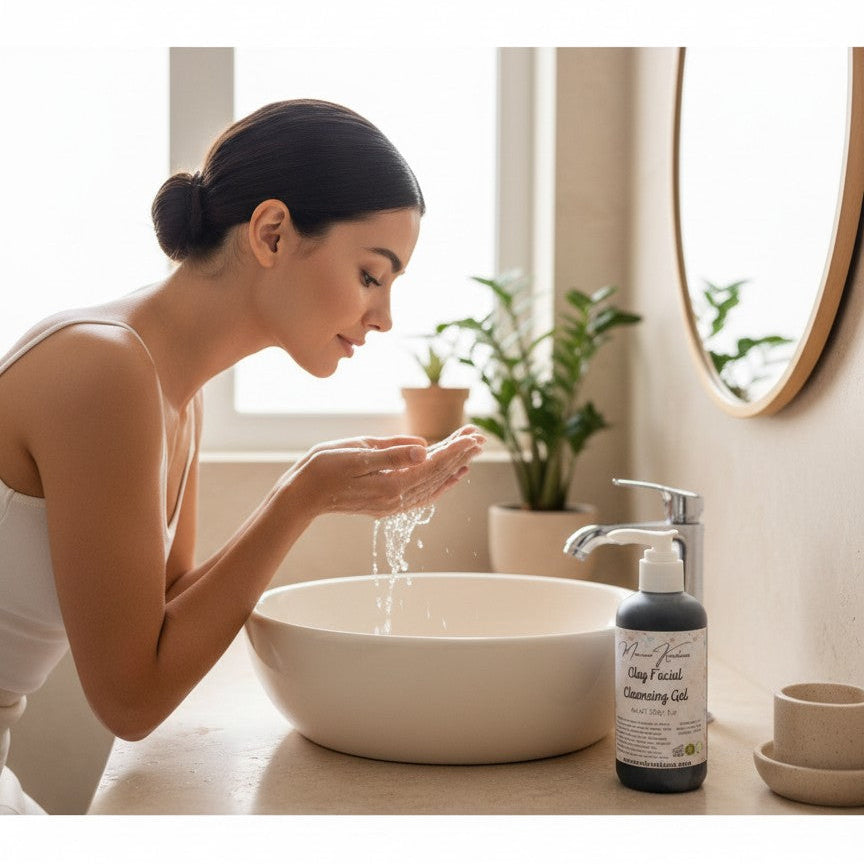 monimarkreations charcoal clay facial cleansing gel in a black pump bottle with a floral label.