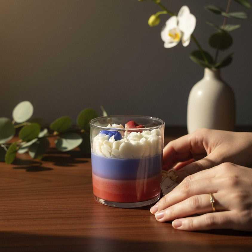 monimarkreations Cherry Berry layered soy candle with whipped topping, wax cherry and blueberries. Red, blue, and white.