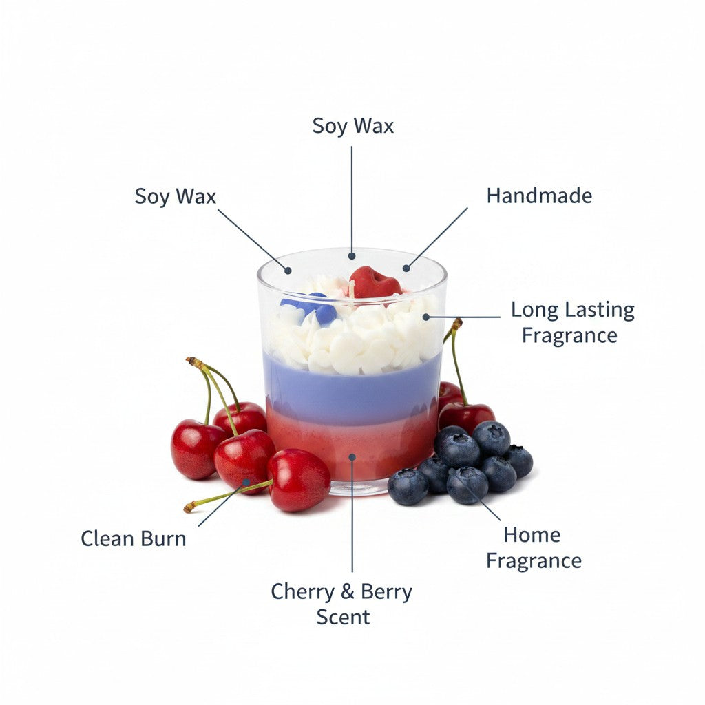 monimarkreations Cherry Berry layered soy candle with whipped topping, wax cherry, and blueberries.