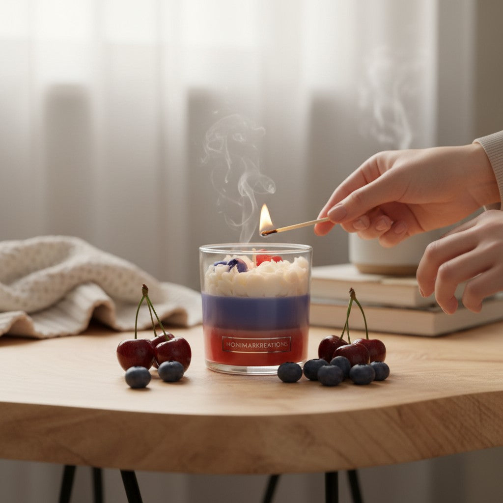 monimarkreations Cherry Berry layered soy candle with whipped topping, wax cherry and blueberries.
