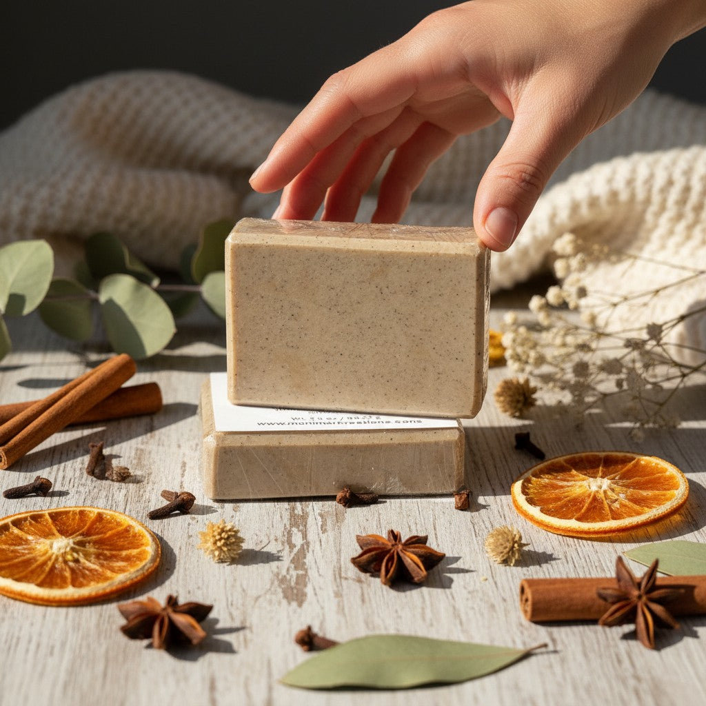 Monimar Kreations Cinnamon Spice Soap bar with visible cinnamon specks, wrapped in plastic.