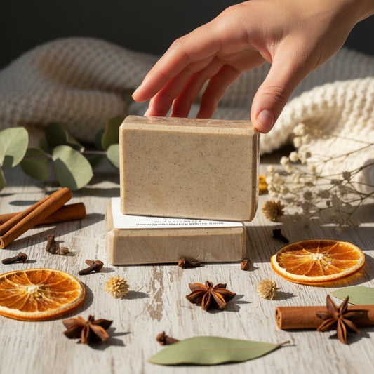 Monimar Kreations Cinnamon Spice Soap bar with visible cinnamon specks, wrapped in plastic.