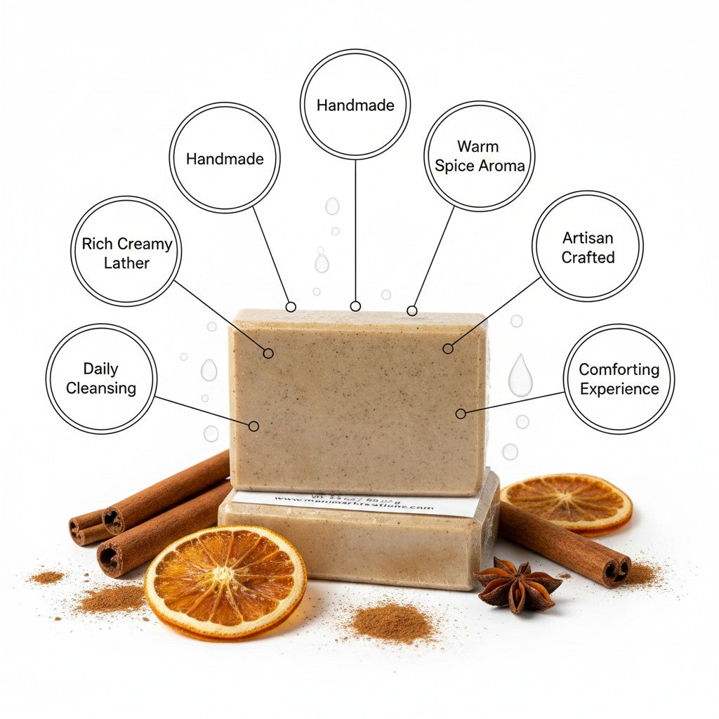 Monimar Kreations Cinnamon Spice Soap bar with visible cinnamon specks and a warm, botanical aroma.