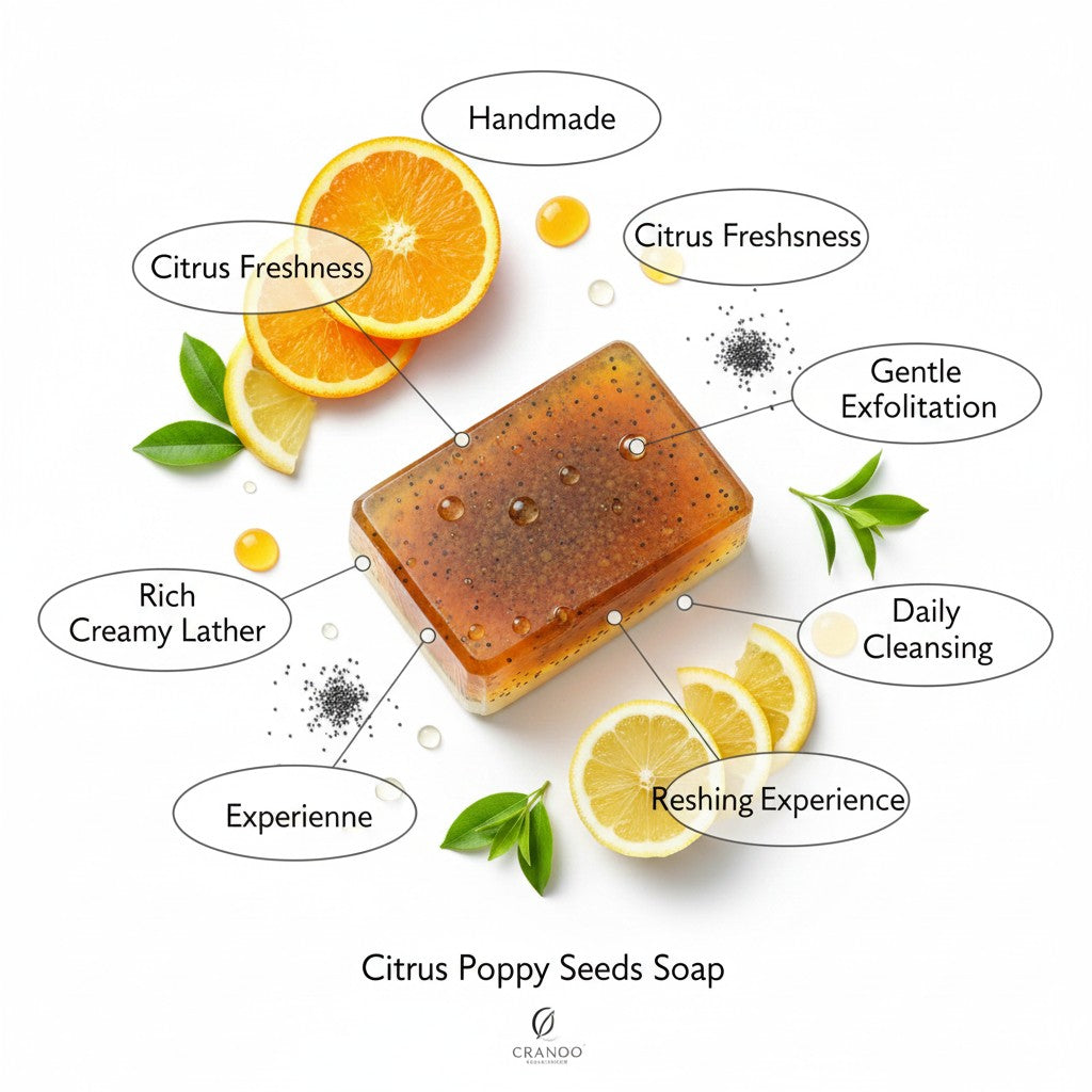 monimarkreations Citrus Poppy Seeds Soap bar with orange peel powder and poppy seeds for gentle exfoliation.