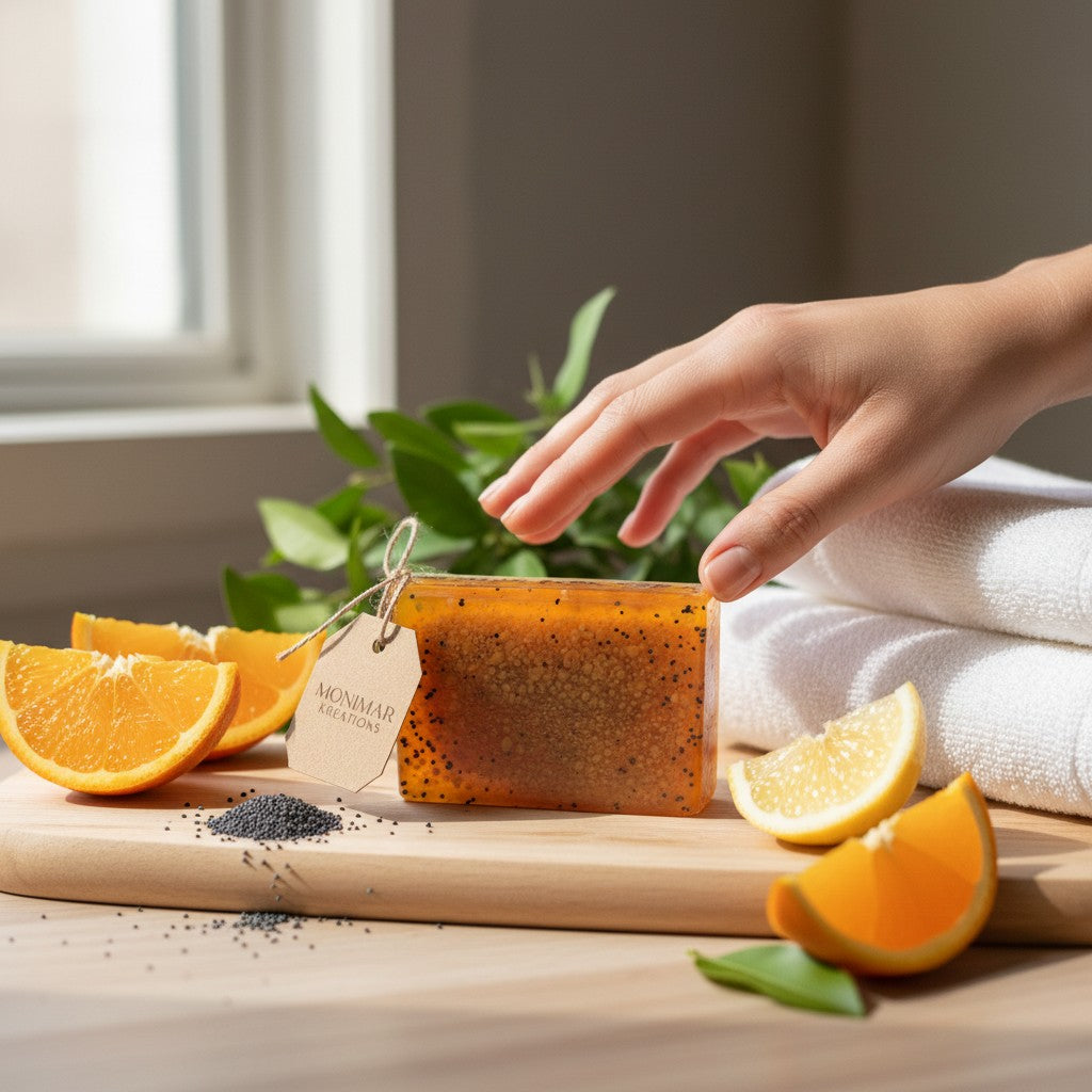 monimarkreations Citrus Poppy Seeds Soap bar with orange peel powder and poppy seeds for gentle exfoliation.