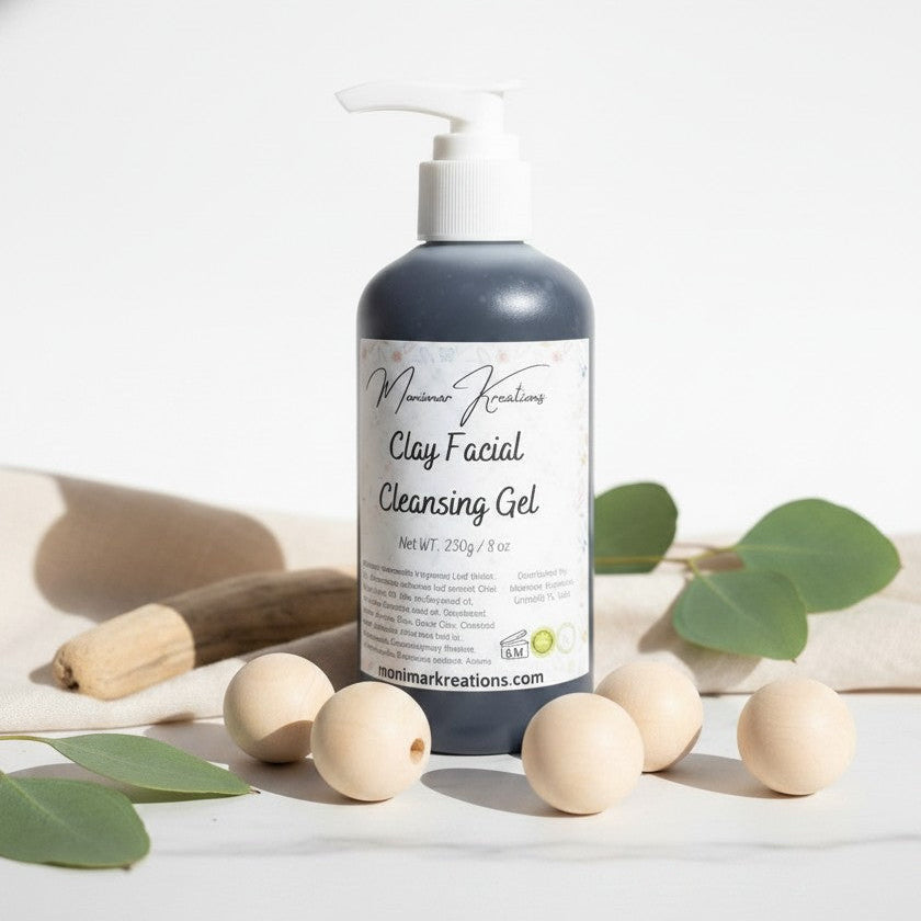 Monimar Kreations Clay Facial Cleansing Gel, a dark grey gel in a pump bottle, for oily/combination/acne-prone skin.