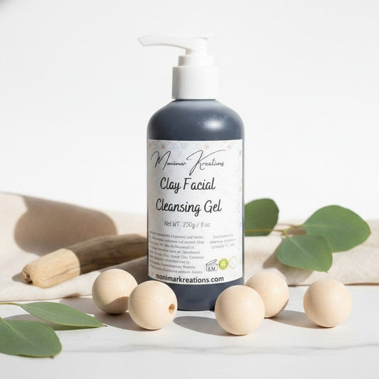 Monimar Kreations Clay Facial Cleansing Gel, a dark grey gel in a pump bottle, for oily/combination/acne-prone skin.