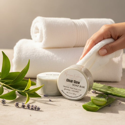 monimarkreations Clear Glow facial soap bar with aloe vera and green clay for oily, blemish-prone skin.
