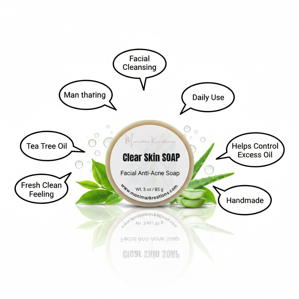 monimarkreations Clear Glow soap bar for oily, blemish-prone skin with aloe vera and tea tree oil.