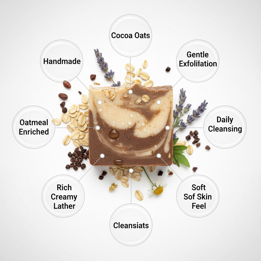 Monimar Kreations Cocoa Oats Glow Bar, a marbled brown and cream rustic soap with visible oat flecks, offering gentle cleansing and a warm bakery scent.
