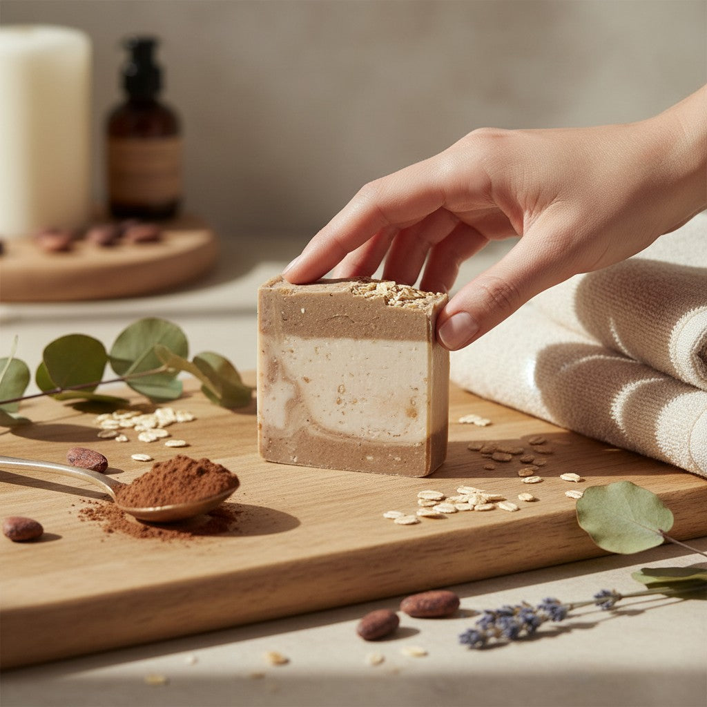 Monimar Kreations Cocoa Oats Glow Bar, a marbled brown and cream rustic soap with visible oat flecks, offering gentle cleansing and a warm bakery scent.