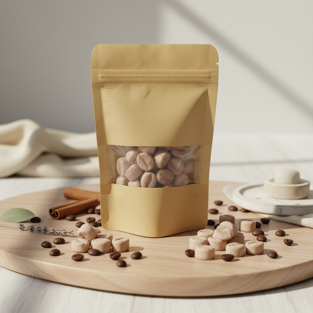 monimarkreations Creamy Cappuccino Coffee Bean Drops wax melts in a tan pouch with a clear window.