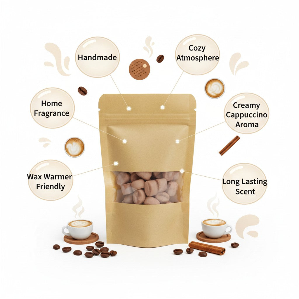 monimarkreations Creamy Cappuccino Coffee Bean Drops wax melts in a tan pouch with a clear window.