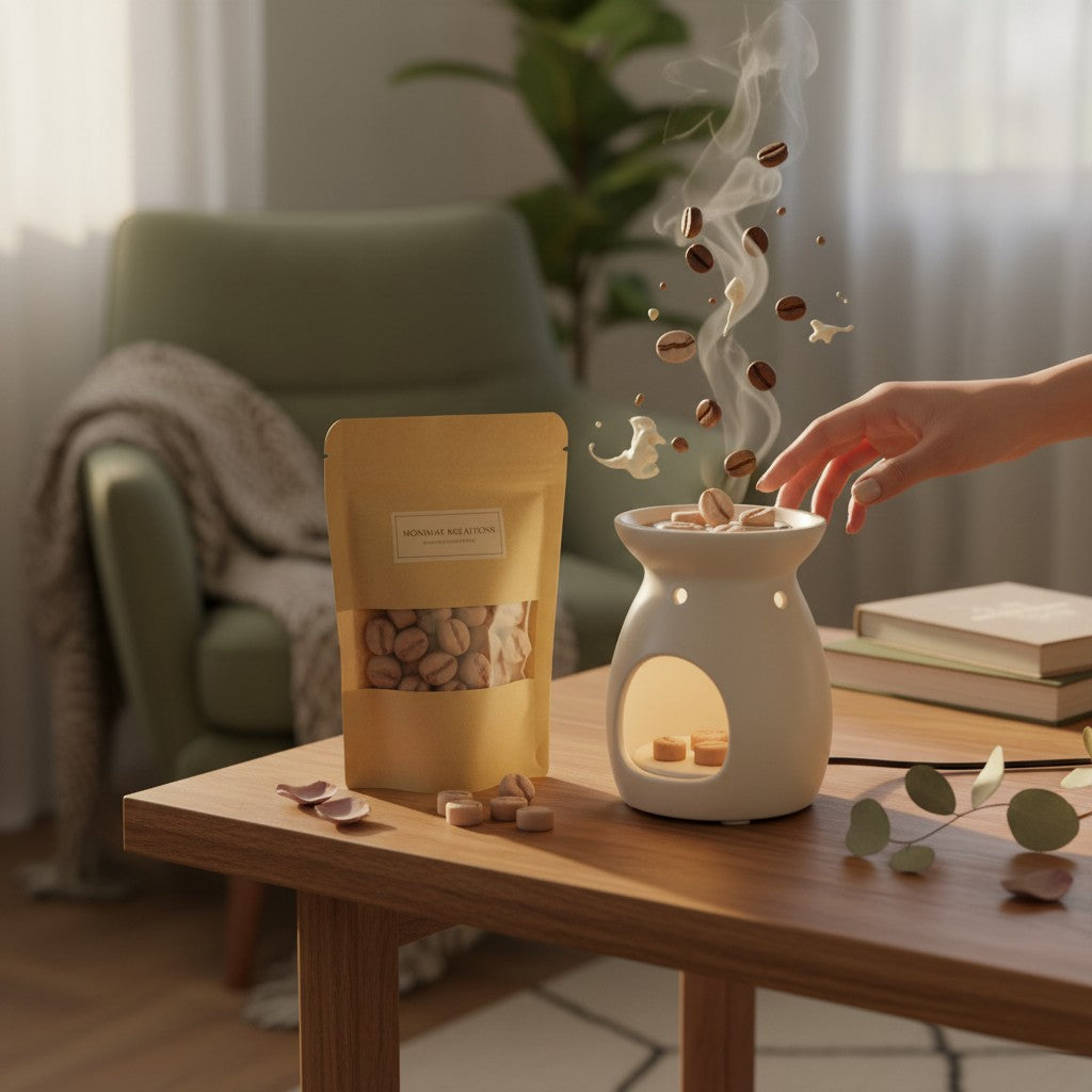 monimarkreations Creamy Cappuccino Coffee Bean Drops wax melts in a tan pouch with a clear window.