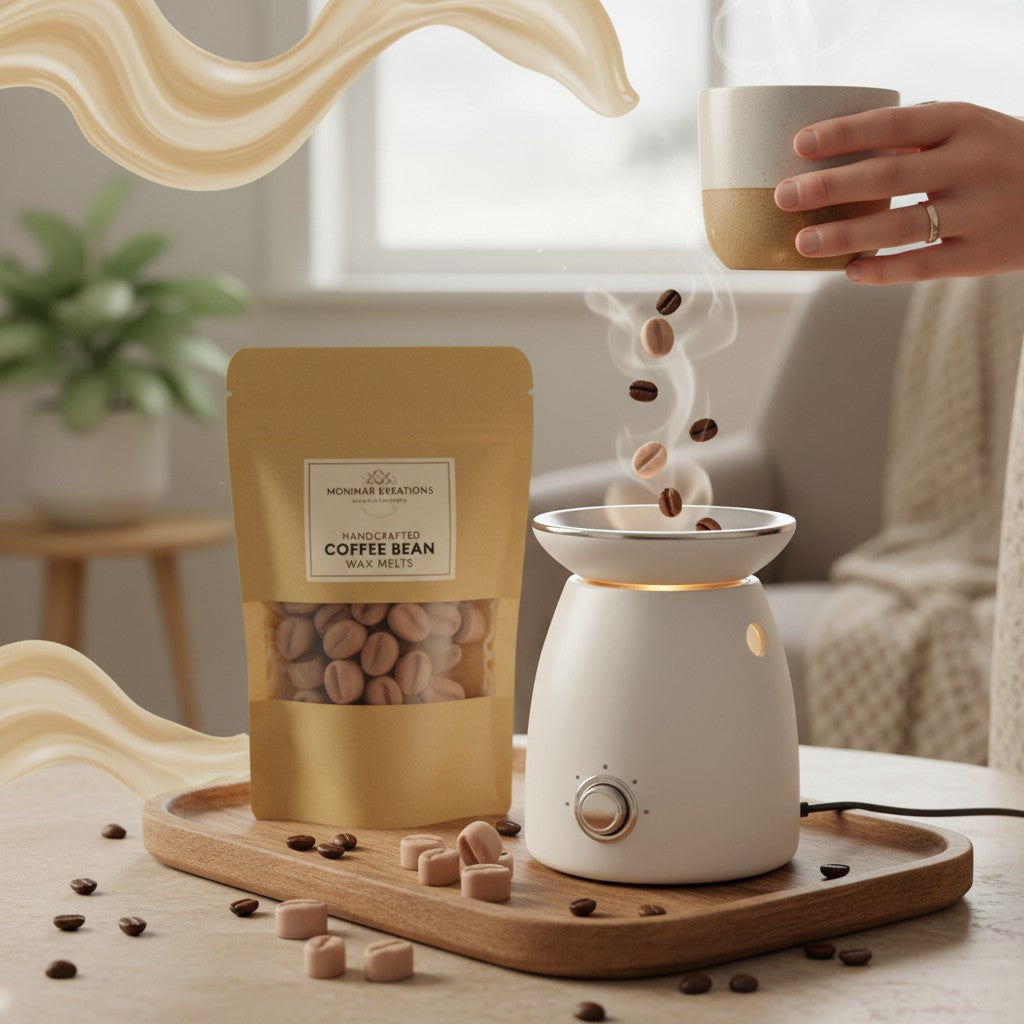 monimarkreations Creamy Cappuccino Coffee Bean Drops wax melts in a tan pouch with a clear window.
