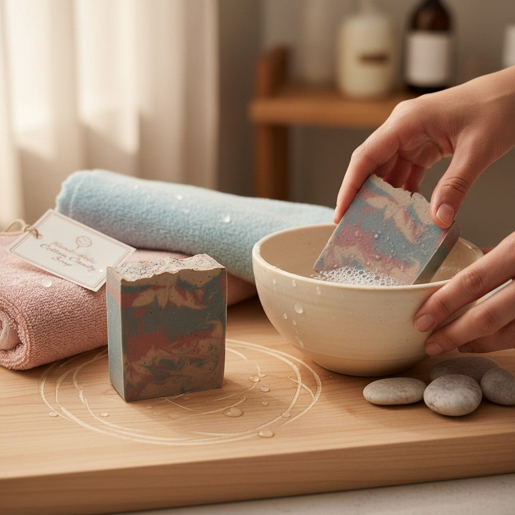 monimarkreations Cotton Candy In A Bar soap with pink, blue, and tan swirls and blue speckles on top.