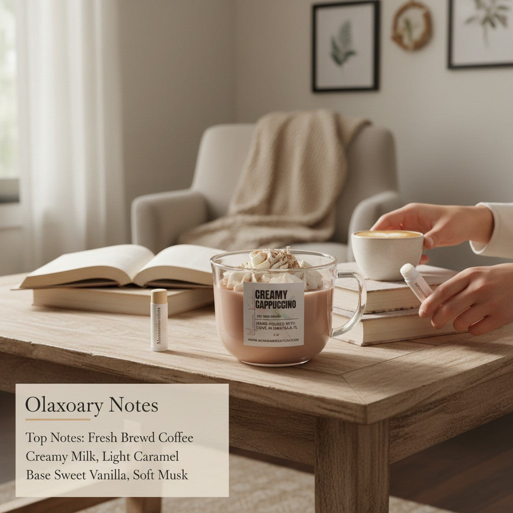 monimarkreations Creamy Cappuccino soy wax candle with whipped topping, resembling a coffee drink.