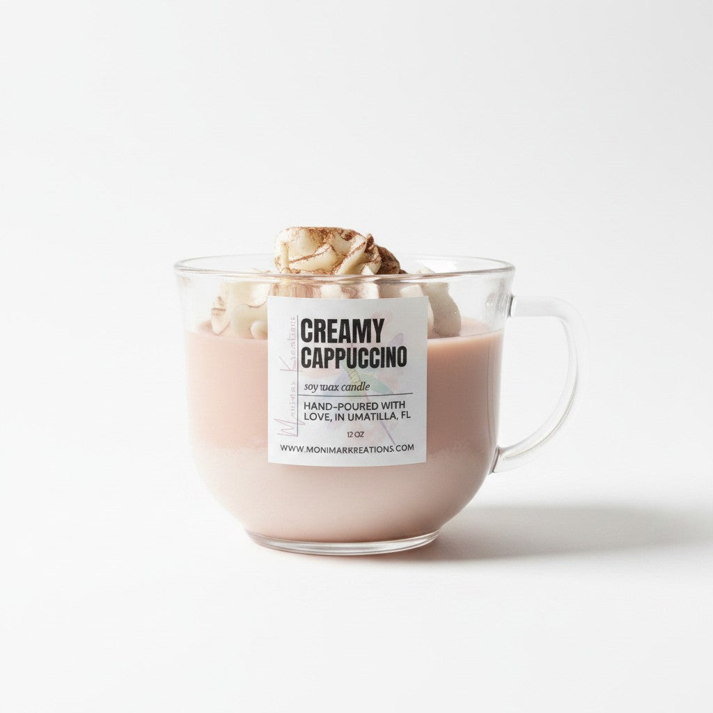 monimarkreations Creamy Cappuccino soy wax candle in a clear mug with a decorative soy whipped topping. Brown and cream colors.