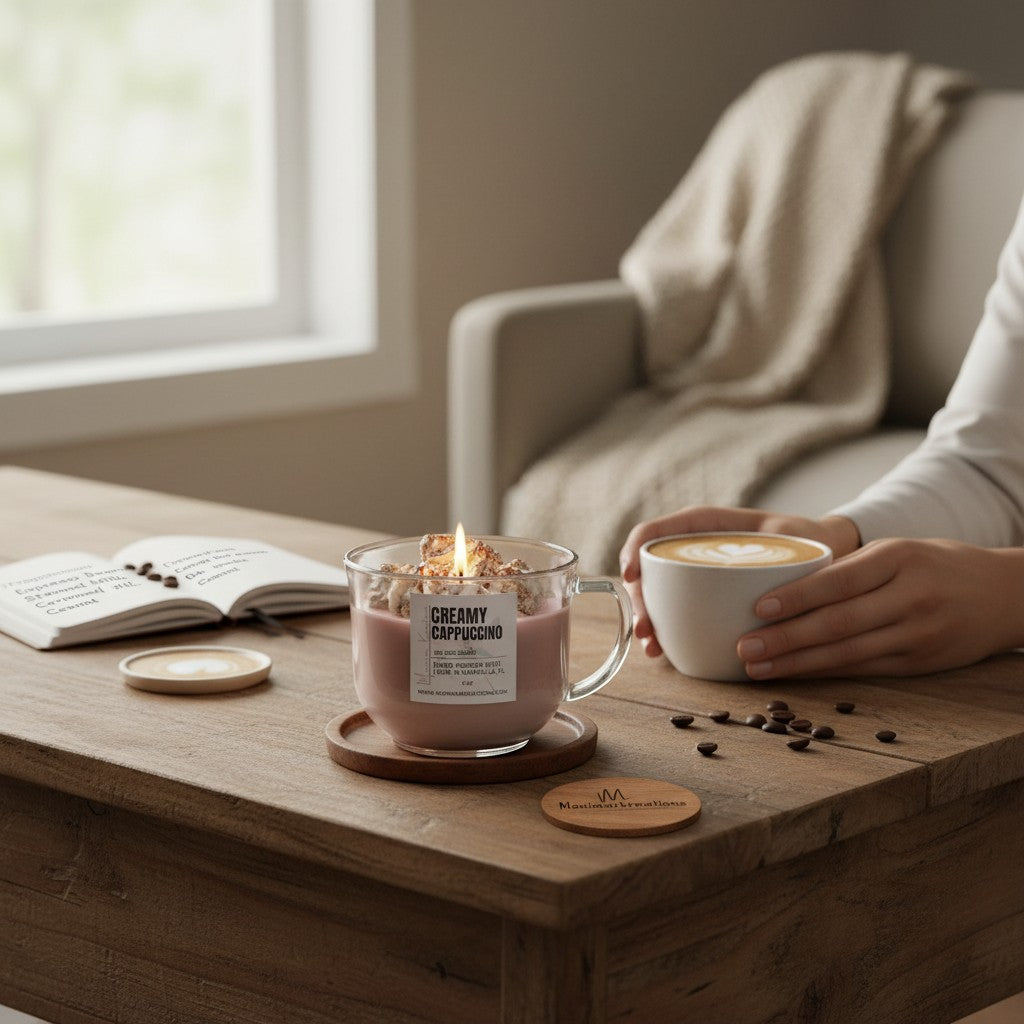 monimarkreations Creamy Cappuccino soy wax candle in a clear mug with a decorative soy whipped topping. Brown and cream layers.