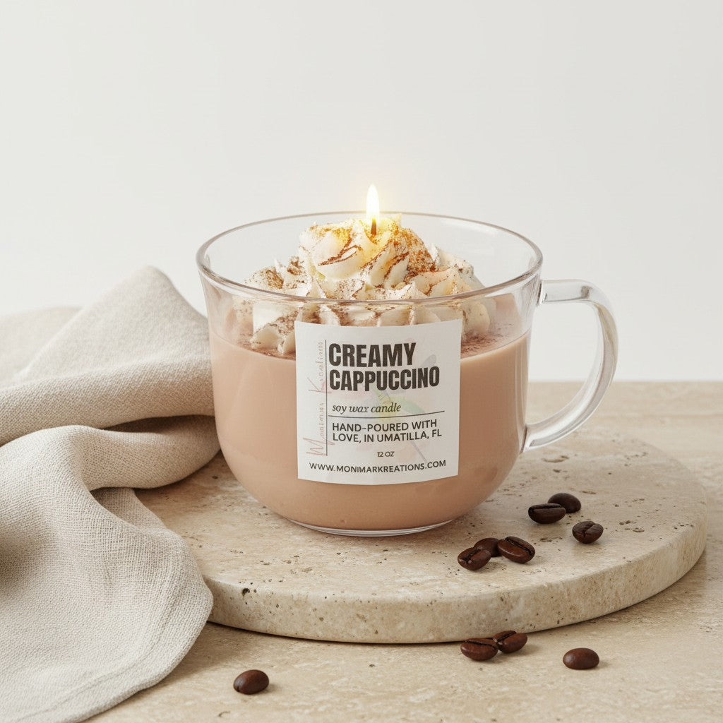 monimarkreations Creamy Cappuccino soy wax candle with whipped topping, resembling a coffee drink.