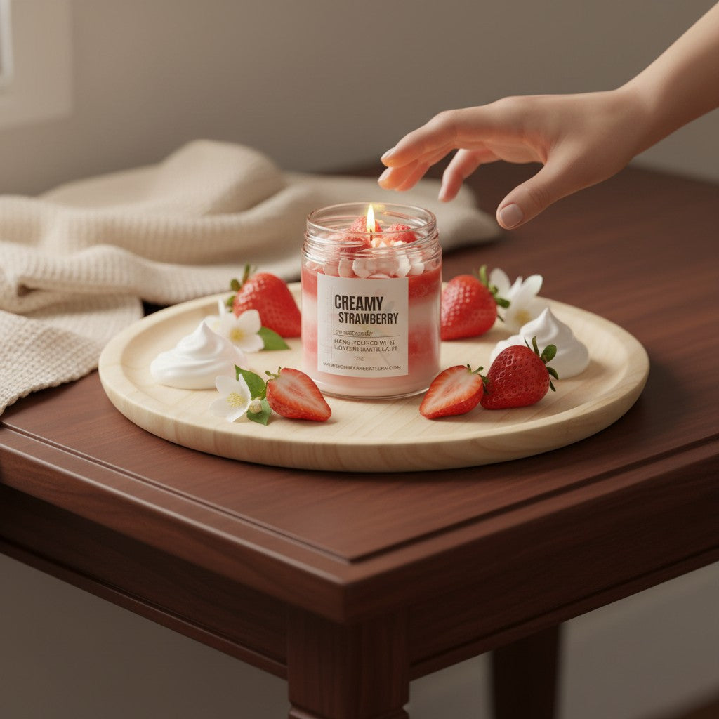 monimarkreations Creamy Strawberry soy wax candle with strawberry and cream fragrance, pink and white layers.