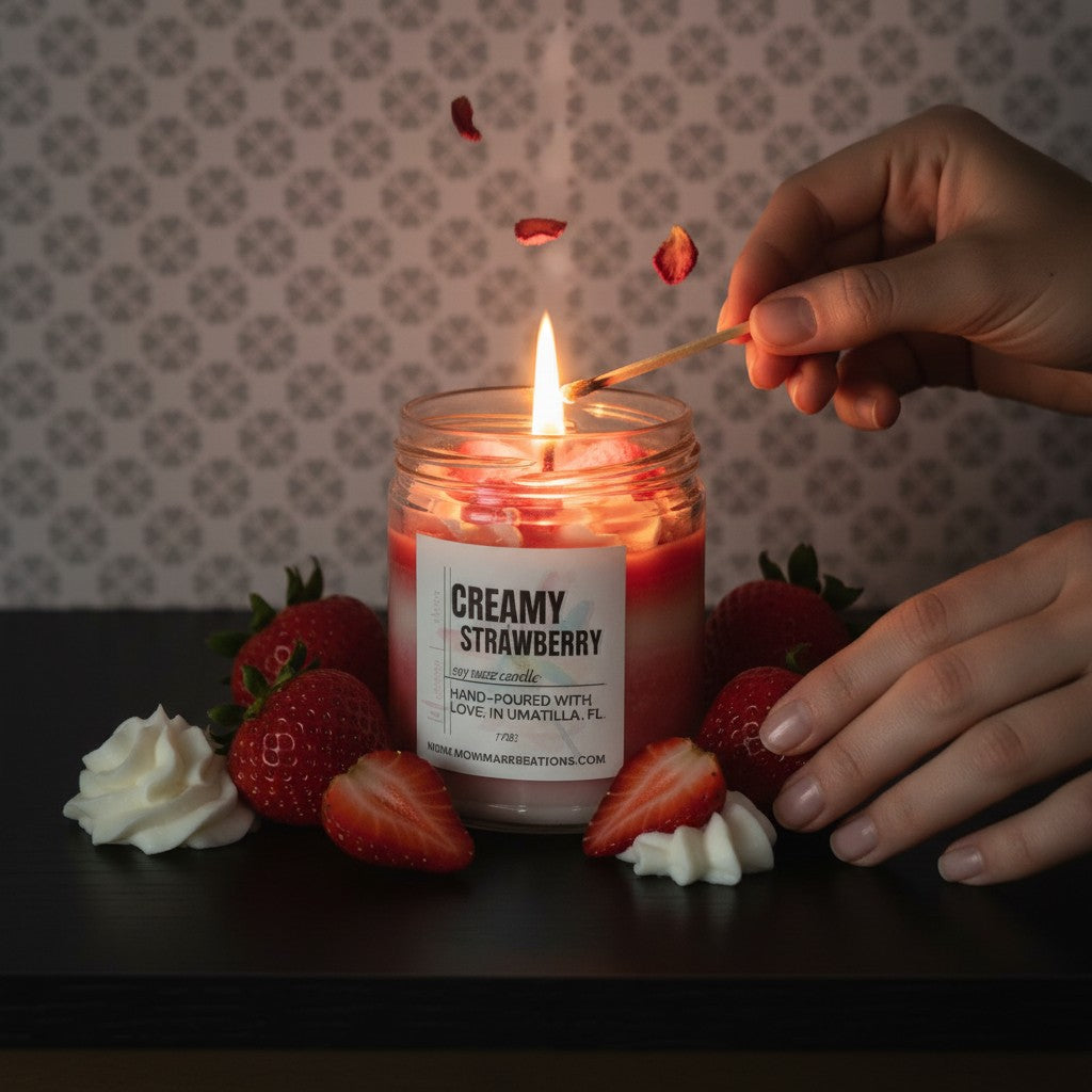monimarkreations Creamy Strawberry soy wax candle with strawberry and cream fragrance. Red and white layers.