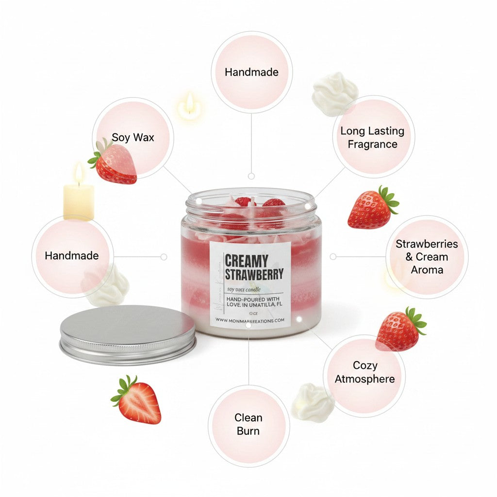 monimarkreations Creamy Strawberry soy wax candle with layered red and white wax, topped with whipped cream and raspberries.