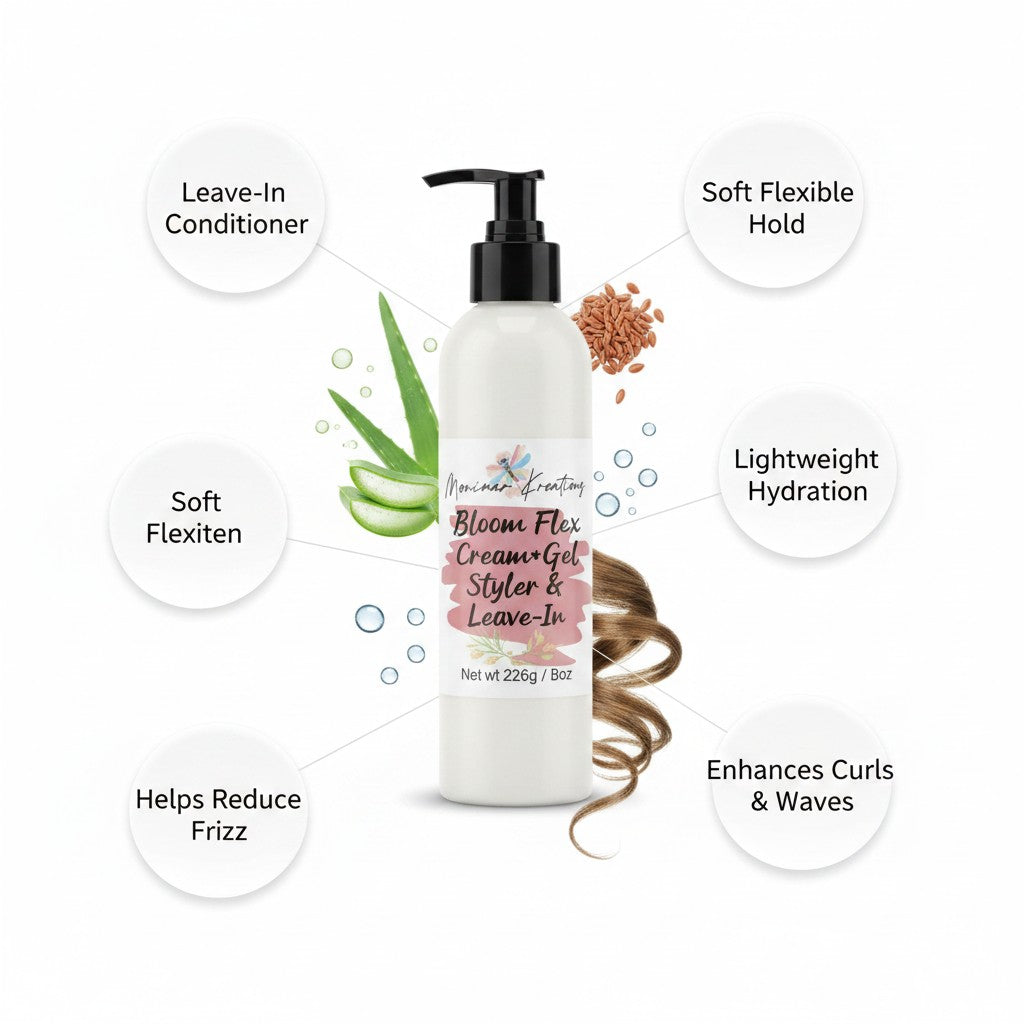 monimarkreations Damage Hair Conditioner in a white bottle with a black cap. Creamy texture.