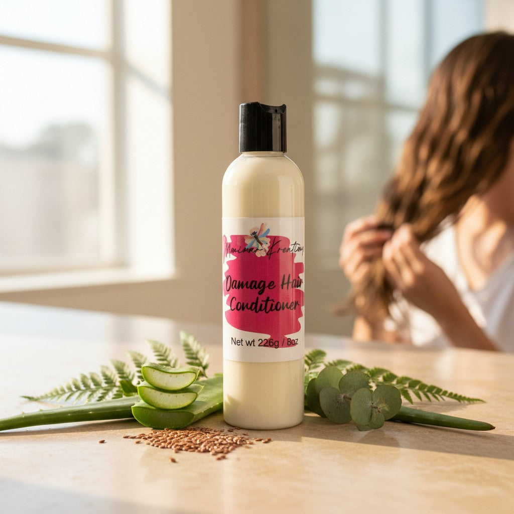 Monimar Kreations Damage Hair Conditioner, a creamy white leave-in conditioner in a clear bottle with a black cap.