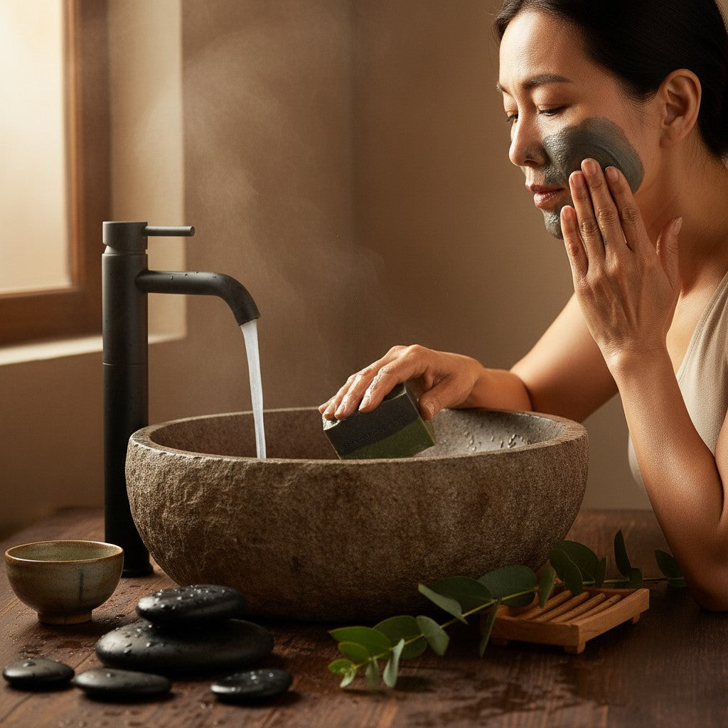 monimarkreations Deep Clean Detox Bar, a two-toned bar soap with activated charcoal and green clay, for oily and acne-prone skin.