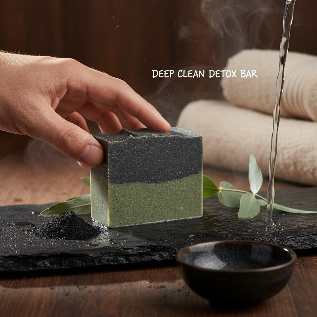 monimarkreations Deep Clean Detox Bar, a two-toned bar soap with activated charcoal and green clay for deep cleansing.