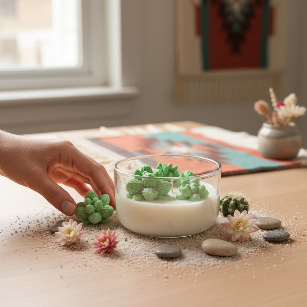 monimarkreations Desert Bloom soy candle with green cactus wax accents in a clear glass jar.