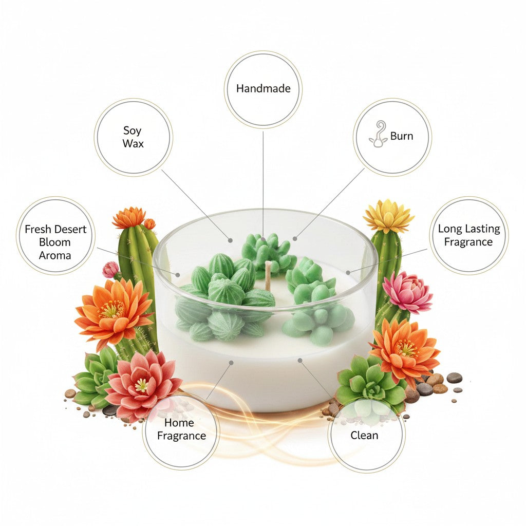 monimarkreations Desert Bloom soy candle with green cactus wax accents in a clear glass jar.