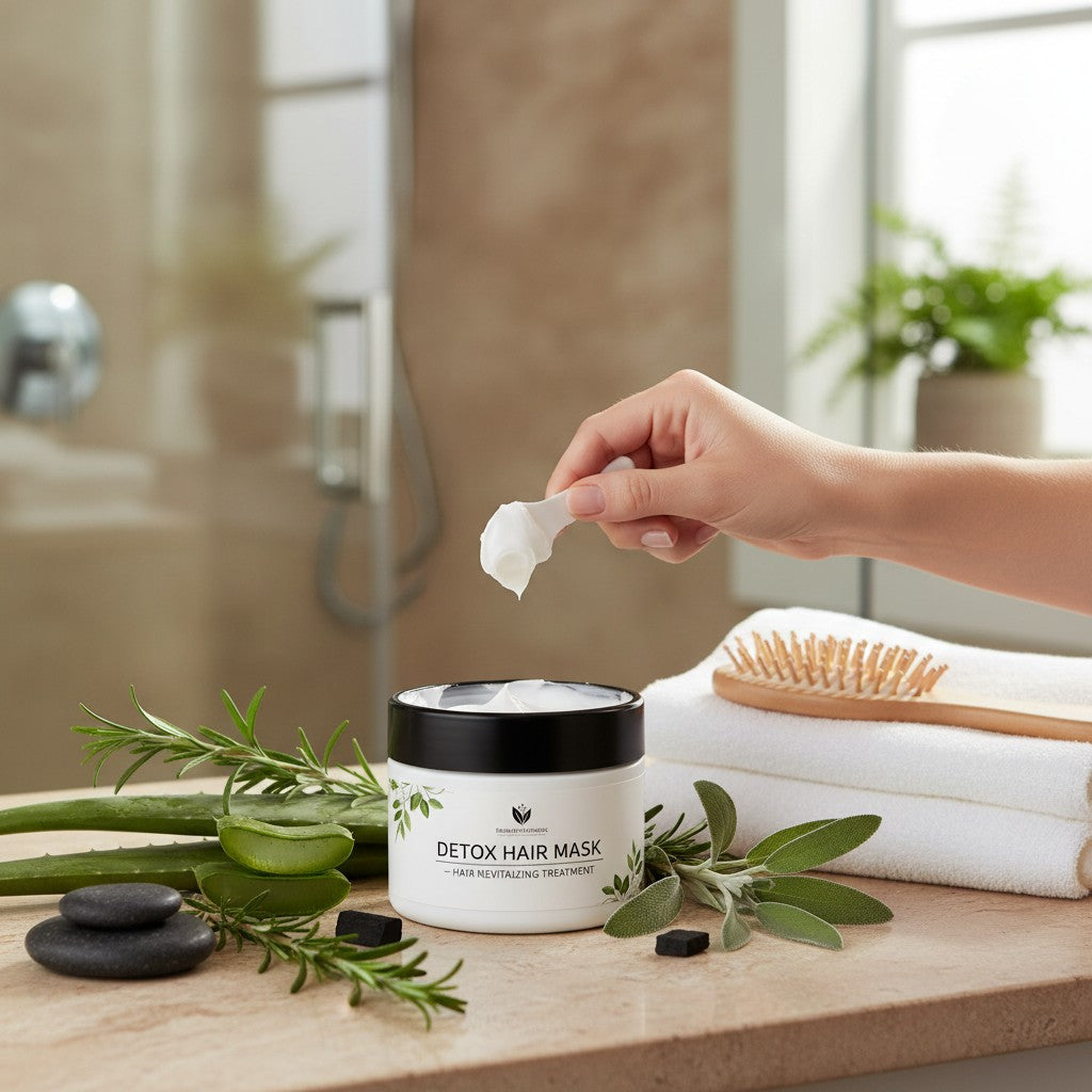 Monimar Kreations Detox Hair Mask jar surrounded by leaves and water splashes, highlighting benefits like deep conditioning and hair revitalization.