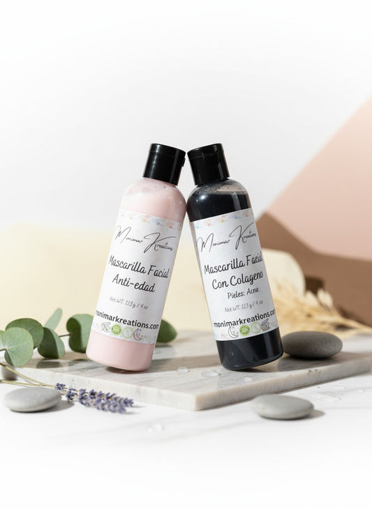 monimarkreations pink anti-aging and black collagen face masks for acne-prone skin in bottles